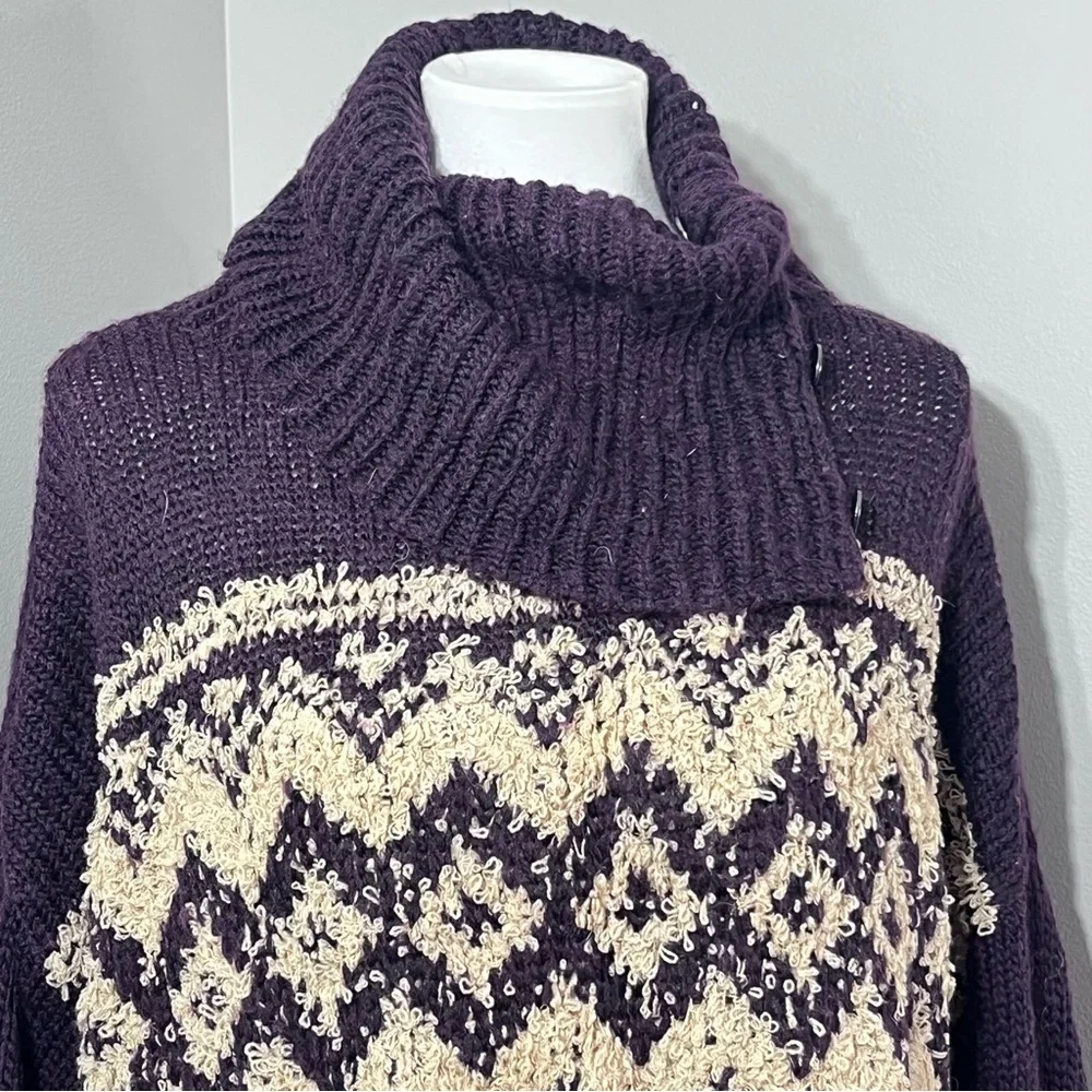 Free People Fair Isle Chunky Knit Sweater XS Purple Cowl Neck Boho Cozy